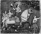 Chand Bibi Hawking with Attendants in a Landscape, Opaque watercolor, gold, and silver on card-weight paper