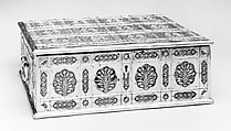 Writing Box with Lattice and Flower Design, Wood; overlaid with dyed wool, stamped silver and gilt-copper plaques