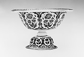 Footed Bowl and Plate, Glass, opalescent white; blown, bowl with applied stem and blown applied foot, fired silver and gold decoration