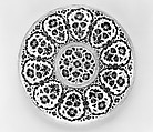 Footed Bowl and Plate, Glass, opalescent white; blown, bowl with applied stem and blown applied foot, fired silver and gold decoration