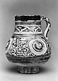 Ewer, Stonepaste; painted in luster and blue on opaque white glaze under transparent colorless glaze
