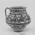 Ewer with Horsemen and Sphinxes, Stonepaste; polychrome inglaze and overglaze painted and gilded on opaque white glaze (mina'i).