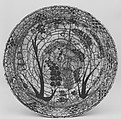 Dish, Stonepaste; underglaze painted in black, blue, and green with red and yellow slips