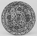 Dish, Stonepaste; underglaze painted in black, blue, and green with red and yellow slips