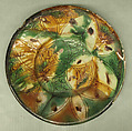 Plate, Earthenware; white slip, incised and splashed with polychrome glazes under transparent glaze (sgraffito ware)