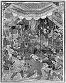 "Hamza's Heroes Fight in Support of Qasim and Badi'uzzaman", Folio from a Hamzanama (The Adventures of Hamza), Attributed to Shravana, Ink, opaque watercolor, and gold on cloth; mounted on paper
