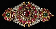 Centerpiece of an Armband, Cartier (French, founded Paris, 1847), Gold, inset with rubies, emeralds, and colorless sapphires; with later pearls, diamonds, onyx