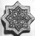 Star-Shaped Tile, Stonepaste; inglaze painted in blue and turquoise and luster-painted on opaque white glaze