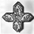 Cross-Shaped Tile, Stonepaste; inglaze painted in blue and turquoise and luster-painted on opaque white glaze