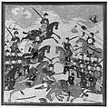 "Rustam Seizes Afrasiyab by the Girdle and Lifts him from the Saddle", Folio from a Shahnama (Book of Kings), Abu&#39;l Qasim Firdausi (Iranian, Paj ca. 940/41–1020 Tus), Main support: Ink, opaque watercolor, gold on paper
Margins: Ink and gold on dyed paper