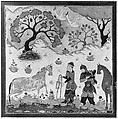 "Rustam Captures Rakhsh", Folio from a Shahnama (Book of Kings), Abu&#39;l Qasim Firdausi (Iranian, Paj ca. 940/41–1020 Tus), Main support: Ink, opaque watercolor, gold on paper
Margins: Ink and gold on dyed paper