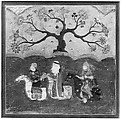 "Kai Khusrau, Farangis and Giv Crossing the River Jihun (Oxus)", Folio from a Shahnama (Book of Kings), Abu&#39;l Qasim Firdausi (Iranian, Paj ca. 940/41–1020 Tus), Main support: Ink, opaque watercolor, silver, and gold on paper
Margins: Ink and gold on dyed paper