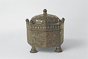 Bidri Incense Burner (Dhupdan) in the Shape of a Tomb, Zinc alloy inlaid with brass and silver