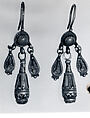 Earring, One of a Pair, Silver sheet, filigree, enamel, coral and imitation coral