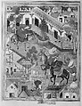 "The Spy Zambur Brings Mahiya to the City of Tawariq", Folio from a Hamzanama (Book of Hamza), Attributed to Kesav Das (Indian, active ca. 1570–1604), Ink, opaque watercolor, and gold on cloth; mounted on paper