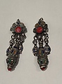 Earring, One of a Pair, Silver sheet, filigree, enamel, coral and imitation coral