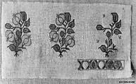Textile Fragment, Linen, silk, and metal wrapped thread; plain weave, embroidered