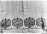 Towel, Cotton; embroidered in silk, metal wrapped thread, and tinsel