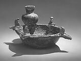 Bowl, Glass, yellowish; blown, applied disk foot, applied rim, blown applied decoration, applied blue decoration
