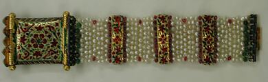 Bracelet, Gold, enamel; with pearls, emeralds, quartz, and rubies