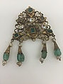 Head Ornament, Gold, topaz, green beryl, glass, pearls