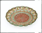 Dish with Peony, Glass, opalescent green; blown, shaped with mold, enameled, and gilded