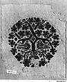 Orbiculus (Roundel) with Grapevine Inhabited by Two Purple Birds Emerging from a Pot, Wool, linen; plain weave, tapestry weave