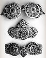 Girdle Clasp, Silver sheet; gilt, repoussé, patterned wire, and granulation; inlaid with silicae, coral and turquoise beads filigreed, granulation