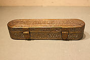 Inscribed Pen Box, Brass; engraved and inlaid with silver, gold, and black compound