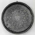 Tray, Iron; incised and inlaid with silver, incisions filled in with a black compound (probably pitch)