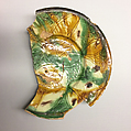 Plate, Earthenware; white slip, incised and splashed with polychrome glazes under transparent glaze (sgraffito ware)
