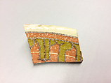 Ceramic Fragment, Earthenware; buff body, white slip, underglaze painted in red and green