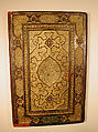 Binding and Text-Block for the Mantiq al-Tayr (Language of the Birds), Farid al-Din `Attar (Iranian, Nishapur ca. 1142–ca. 1220 Nishapur), Binding: Leather, gold, and color; carved, impressed, and gilded
Text-block: Ink, opaque watercolor, silver, and gold on paper