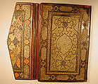 Binding and Text-Block for the Mantiq al-Tayr (Language of the Birds), Farid al-Din `Attar (Iranian, Nishapur ca. 1142–ca. 1220 Nishapur), Binding: Leather, gold, and color; carved, impressed, and gilded
Text-block: Ink, opaque watercolor, silver, and gold on paper