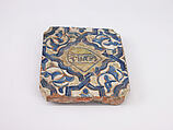 Tile, Earthenware; molded, cobalt-painted on an opaque white glaze powdered with gold under a transparent glaze