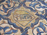 Tile, Earthenware; molded, cobalt-painted on an opaque white glaze powdered with gold under a transparent glaze