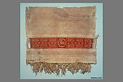 Sleeve Fragment with a Band Decorated with an Animal, Tapestry weave in red wool (dyed with madder) and undyed linen on plain-weave ground of undyed linen; details in flying shuttle in undyed linen; weft loop pile with undyed linen