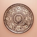 Bidri Tray (Salver) with Lotuses and a River, Zinc alloy; cast, engraved, inlaid with silver