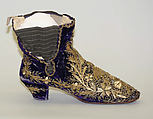 Pair of Ankle Shoes, Leather (sole), wood (heal), silk velvet, metal wrapped thread, twisted wire, spiral wire, and metallic sequins, wool (elastic band); embroidered