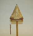 Cap, Cotton, leather, metal wrapped thread; embroidered