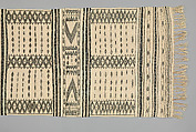 Bakhnug Shawl, Loom-woven plain weave cloth in wool with fine geometric pattern brocaded possibly in cotton; finished with warp-twisted fringes