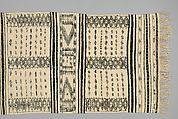 Bakhnug Shawl, Loom-woven plain weave cloth in wool with fine geometric pattern brocaded possibly in cotton; finished with warp-twisted fringes