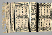 Bakhnug Shawl, Loom-woven plain weave cloth in wool with fine geometric pattern brocaded possibly in cotton; finished with warp-twisted fringes