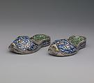Pair of Qajar Ceramic Slippers, Stonepaste; underglaze painted under transparent glaze