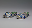 Pair of Qajar Ceramic Slippers, Stonepaste; underglaze painted under transparent glaze