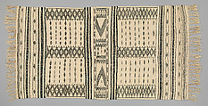 Bakhnug Shawl, Loom-woven plain weave cloth in wool with fine geometric pattern brocaded possibly in cotton; finished with warp-twisted fringes