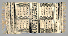 Bakhnug Shawl, Loom-woven plain weave cloth in wool with fine geometric pattern brocaded possibly in cotton; finished with warp-twisted fringes