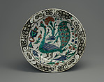 Dish with Peacock Design, Stonepaste; polychrome painted under transparent glaze