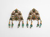 Head Ornament, Gold, topaz, green beryl, glass, pearls