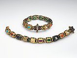 Nine-Gem (Navaratna) Talismanic Bracelet, One of a Pair, Gold, enamel; inset with emeralds, turquoise, garnets, sapphires, diamonds, agate, coral, pearls, and topaz